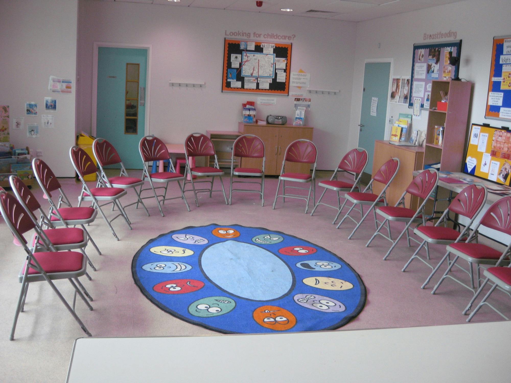 Community Room at Furzefield Children's Centre with circular seating for workshops.